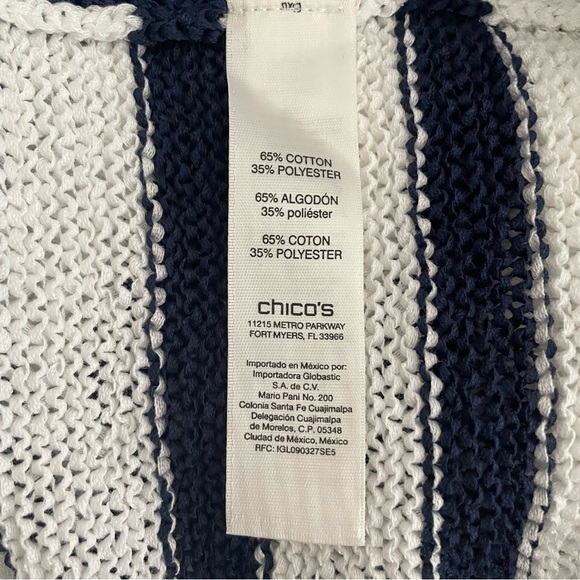 Chico’s 1/2 sleeve knitted top navy blue white striped scoop hem round neck Sz 0 - Picture 7 of 8